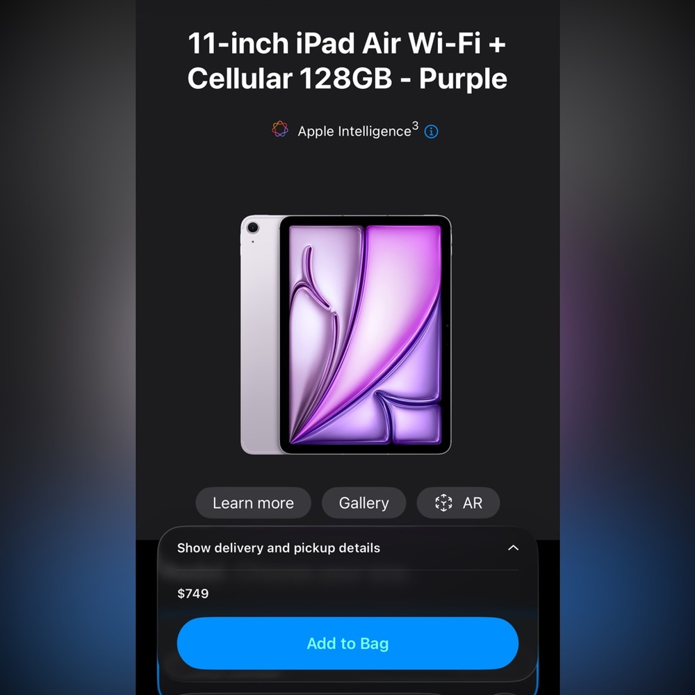 Apple iPad Air 11-inch WIFI & cellular 128 GB- Purple